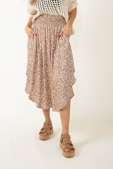 Ditsy Floral Hi-Low Midi Skirt for Women in Mocha