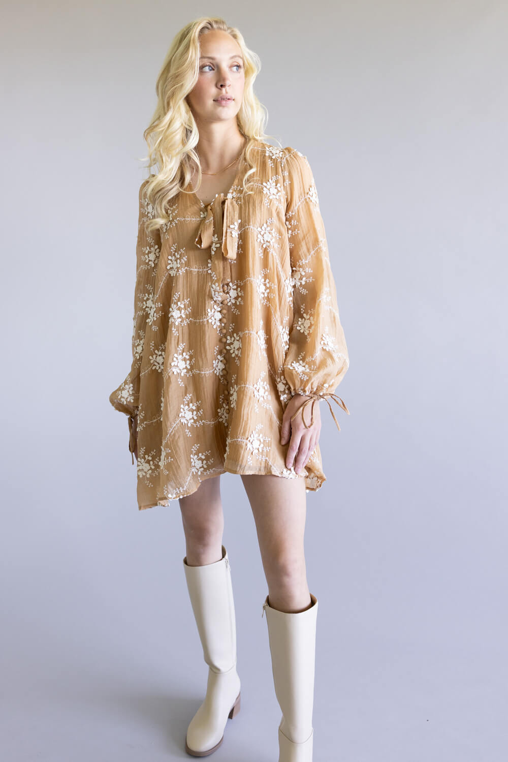 Floral Embroidered Long Sleeve Mini Dress for Women in Mocha