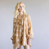 Floral Embroidered Long Sleeve Mini Dress for Women in Mocha