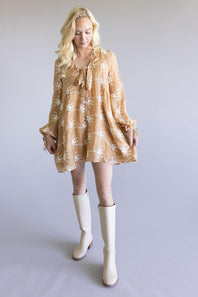 Floral Embroidered Long Sleeve Mini Dress for Women in Mocha