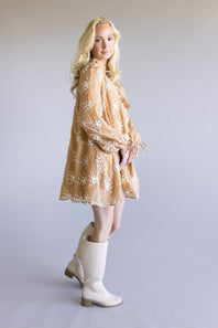 Floral Embroidered Long Sleeve Mini Dress for Women in Mocha