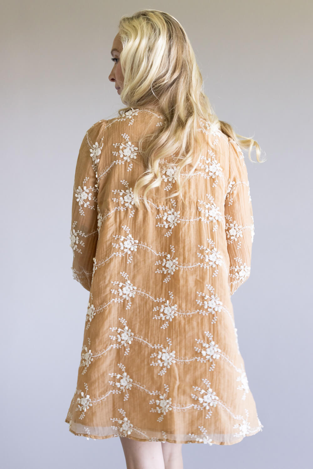 Floral Embroidered Long Sleeve Mini Dress for Women in Mocha