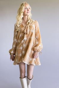 Floral Embroidered Long Sleeve Mini Dress for Women in Mocha