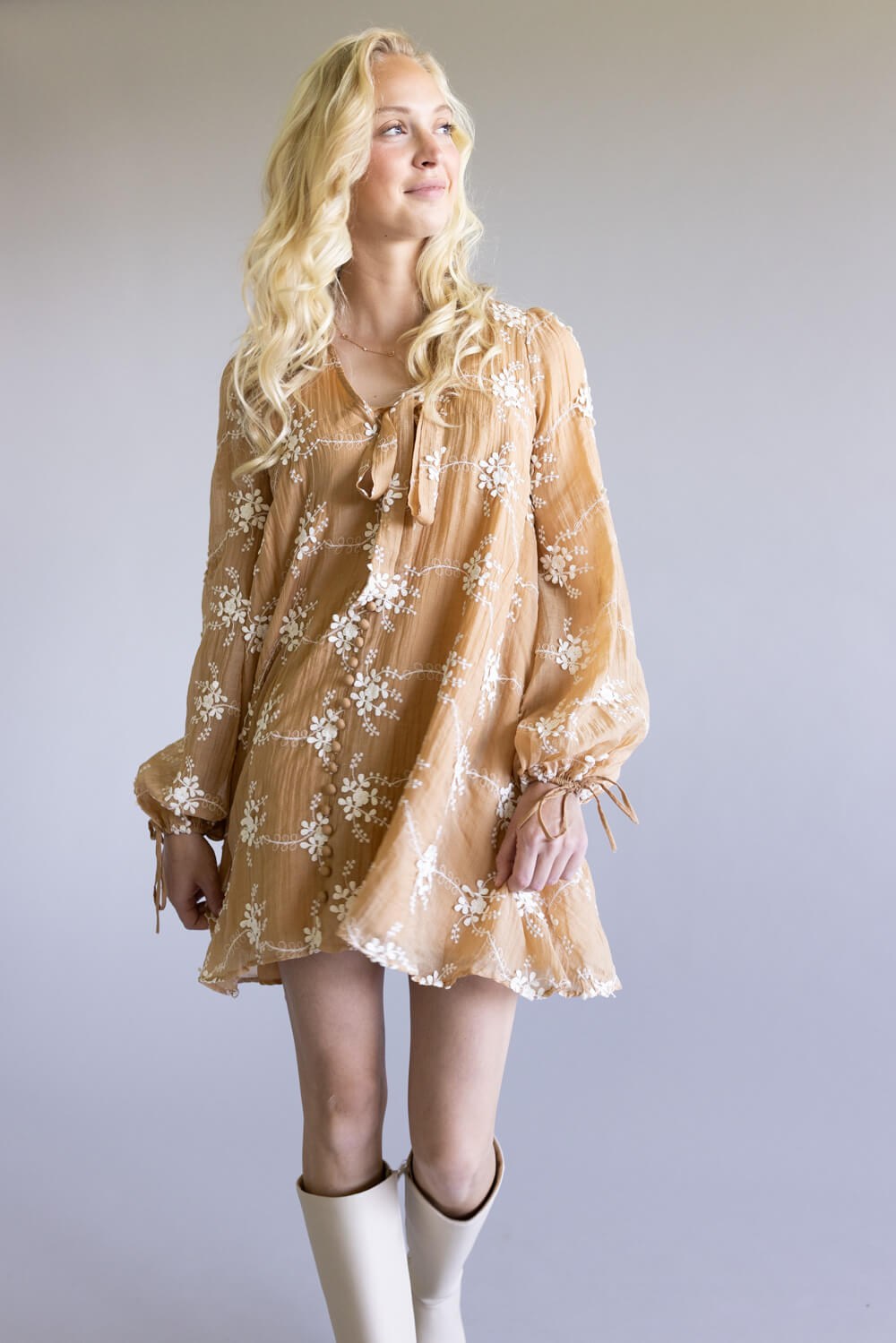 Floral Embroidered Long Sleeve Mini Dress for Women in Mocha
