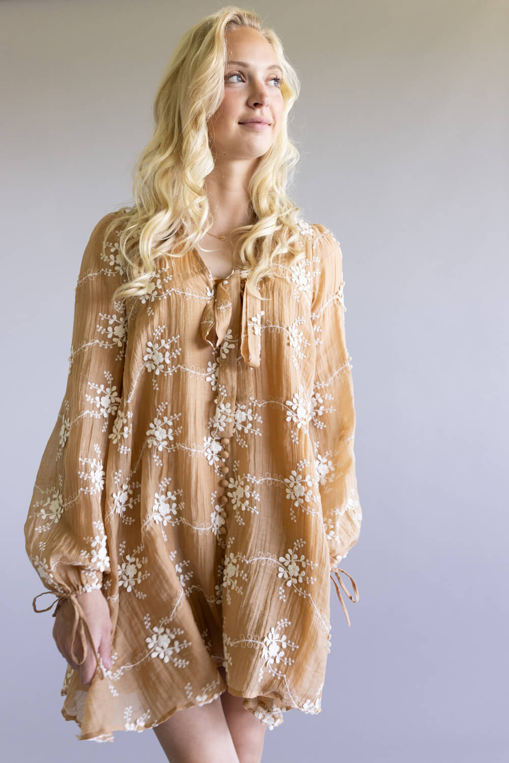 Floral Embroidered Long Sleeve Mini Dress for Women in Mocha