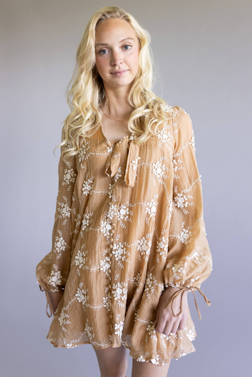 Floral Embroidered Long Sleeve Mini Dress for Women in Mocha