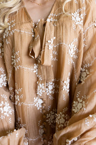 Floral Embroidered Long Sleeve Mini Dress for Women in Mocha