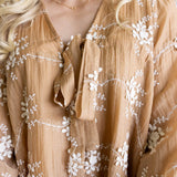 Floral Embroidered Long Sleeve Mini Dress for Women in Mocha