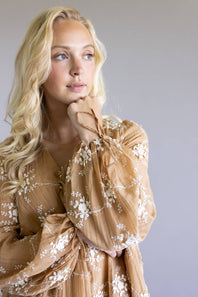 Floral Embroidered Long Sleeve Mini Dress for Women in Mocha