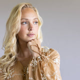 Floral Embroidered Long Sleeve Mini Dress for Women in Mocha