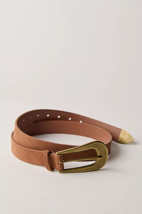 Brown belt with gold buckle on a light gray background