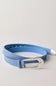 Blue belt with a silver buckle on a light gray background