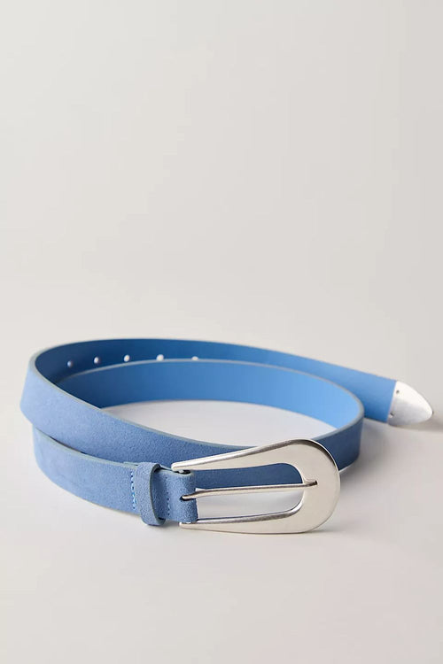Blue belt with a silver buckle on a light gray background