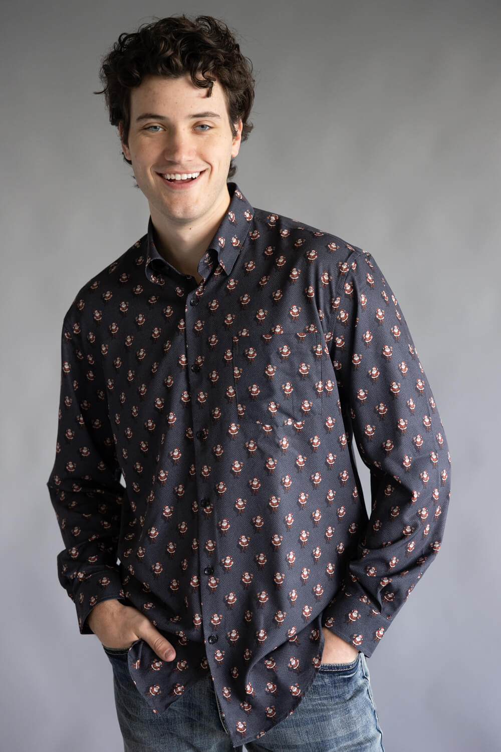 Santa With Drink Button Up Shirt for Men in Black