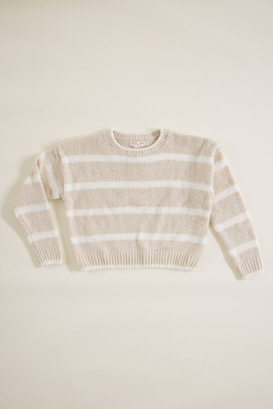 Youth Chenille Striped Crew Neck Sweater for Girls in Eggwhite