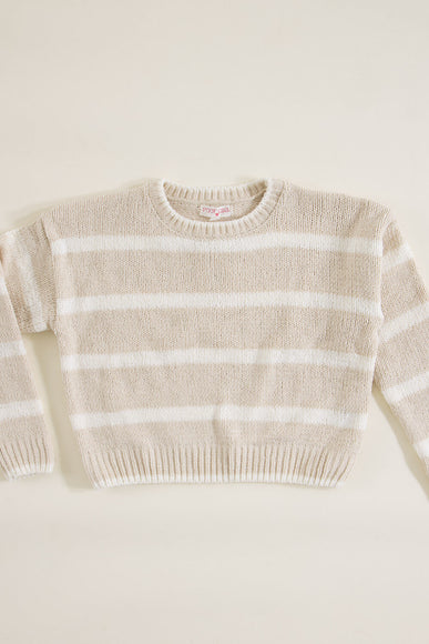 Youth Chenille Striped Crew Neck Sweater for Girls in Eggwhite