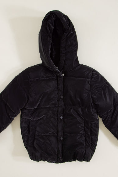 Youth Cire Twill Hooded Puffer Jacket for Girls in Black