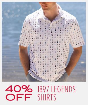 A man wearing a white short-sleeve button-up shirt with a small repeating dark print, standing outdoors near water. The bottom of the image has a sale banner reading '40% OFF 1897 LEGENDS SHIRTS'.