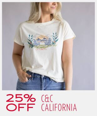 Women wearing a cream graphic t-shirt with a plain background with a promotional banner at the bottom that reads '25% off C&C California'