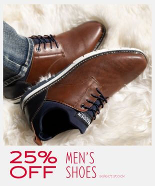 Pair of men's dress shoes on a fur like background with a promotional banner at the bottom that reads '25% off Men's Shoes' fine print reads 