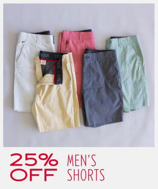 Four pairs of men's shorts in different colors (white, pink, navy, and sage green) are neatly folded and displayed side-by-side on a light gray background, with a '25% OFF MEN'S SHORTS' promotional banner at the bottom.