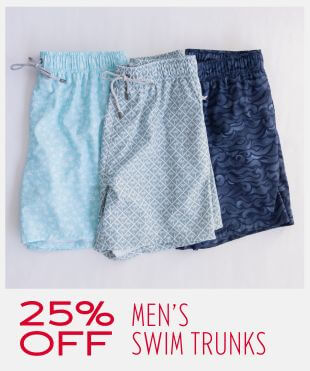 Three pairs of men's swim trunks are displayed side-by-side on a light background, with a '25% OFF MEN'S SWIM TRUNKS' promotional banner at the bottom. The trunks include a light blue solid, a light blue and white geometric pattern, and a dark navy blue with a darker blue wave pattern.