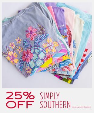 Different graphic t-shirts fanned out on a plain background with a promotional banner at the bottom that reads '25% OFF SIMPLY SOUTHERN'.