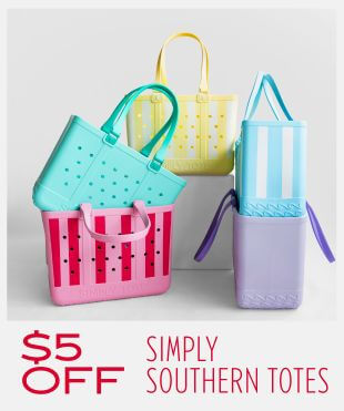 Five different colored totes stacked near and on each other with a promotional banner at the bottom that reads '$5 off Simply Southern Totes'.