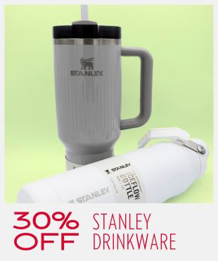 A grey tumbler cup with the STANLEY logo standing right up and a white water bottle with the STANLEY logo laying in front of the grey tumbler in front of a green backgound with a promotional banner at the bottom that reads '$30% off Stanley Drinkware'