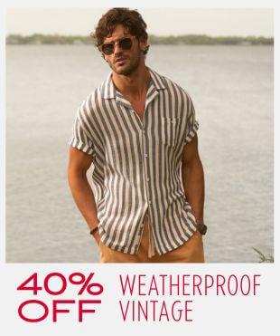 A man wearing a short-sleeve button-up shirt with vertical brown and beige stripes, standing outdoors near water with a promotional banner at the bottom that reads '40% OFF WEATHERPROOF VINTAGE'.