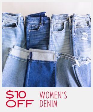 Four different pairs of blue denim jeans on a plain background with a promotional banner at the bottom that reads '$10 OFF WOMEN'S DENIM'