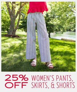 Person wearing a red top with pinstriped pants in an outdoor setting with a promotional banner at the bottom that reads '25% OFF WOMEN'S PANTS, SKIRTS, & SHORTS'