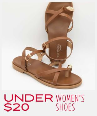 A pair of brown sandals on plain background with a promotional banner at the bottom that reads 'Under $20 WOMEN'S SHOES
