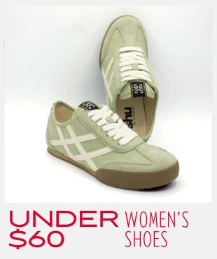 Pair of green sneakers on a plain background with a promotional banner at the bottom that reads 'Under $60 Women's Shoes'