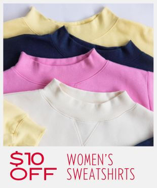 Four different colored mock neck sweatshirts laying on top of each other on a plain background with a promotional banner at the bottom that reads '$10 OFF WOMEN'S SWEATSHIRTS'