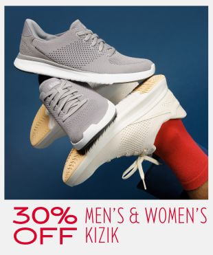 Person wearing white sneakers while balancing a grey pair of sneakers on a navy blue background with a promotional banner at the bottom that reads '30% off Men's & Women's Kizik'