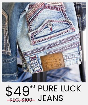 A promotional graphic of pair of light acid was jeans with read stitch and leather brand label PURE LUCK. Text at the bottom reads $49.90 and REG $100 crossed out in red PURE LUCK JEANS