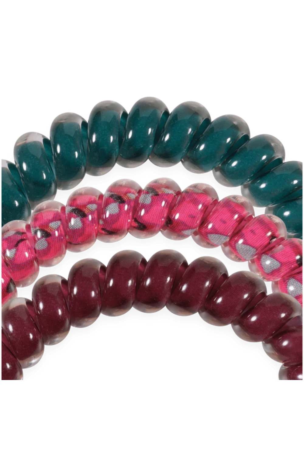 Three beaded stretch bracelets stacked together on a white background, featuring glossy dark teal, translucent pink with silver flecks, and deep burgundy beads.
