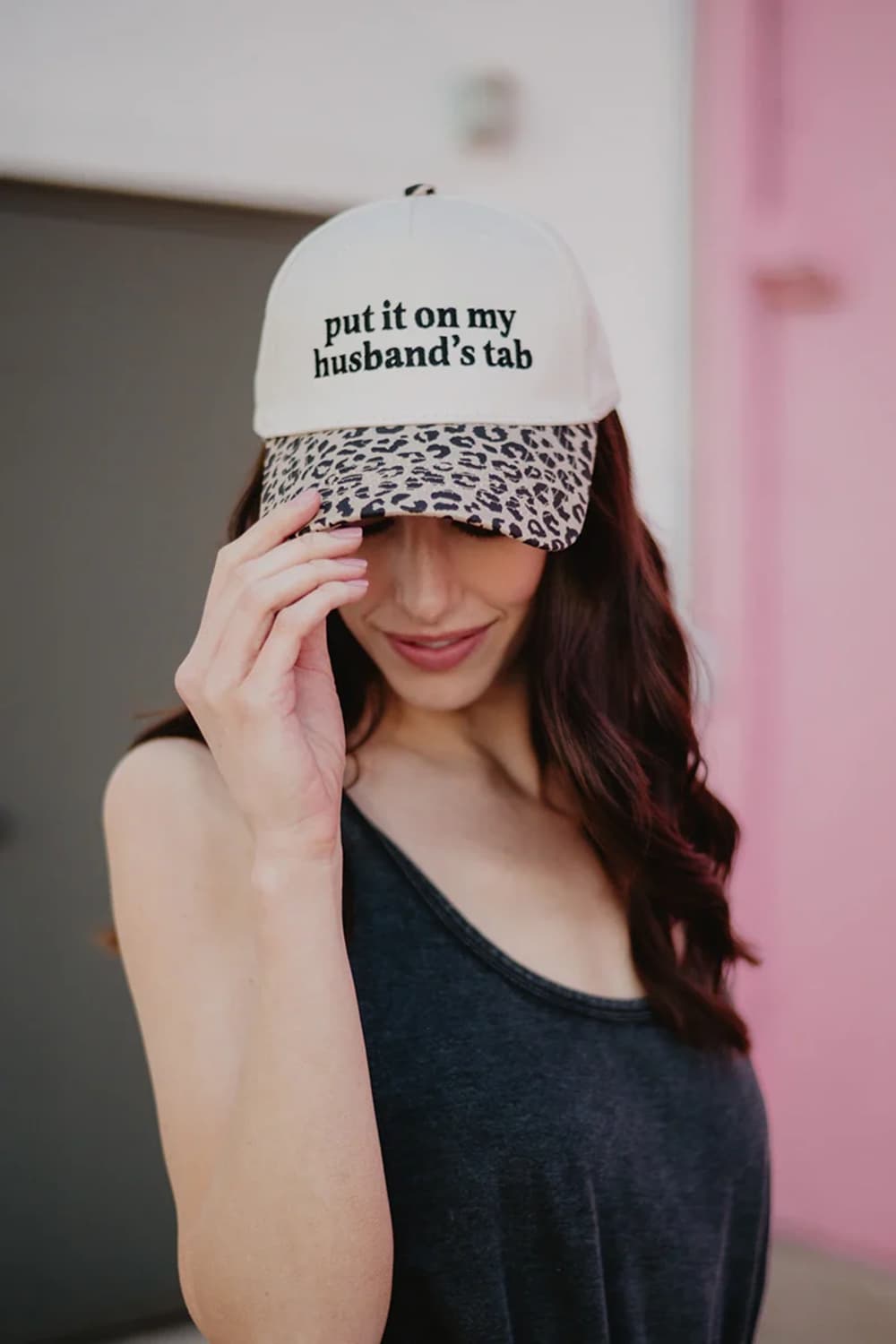 Put It On My Husband’s Tab Trucker Hat for Women in Leopard/Tan