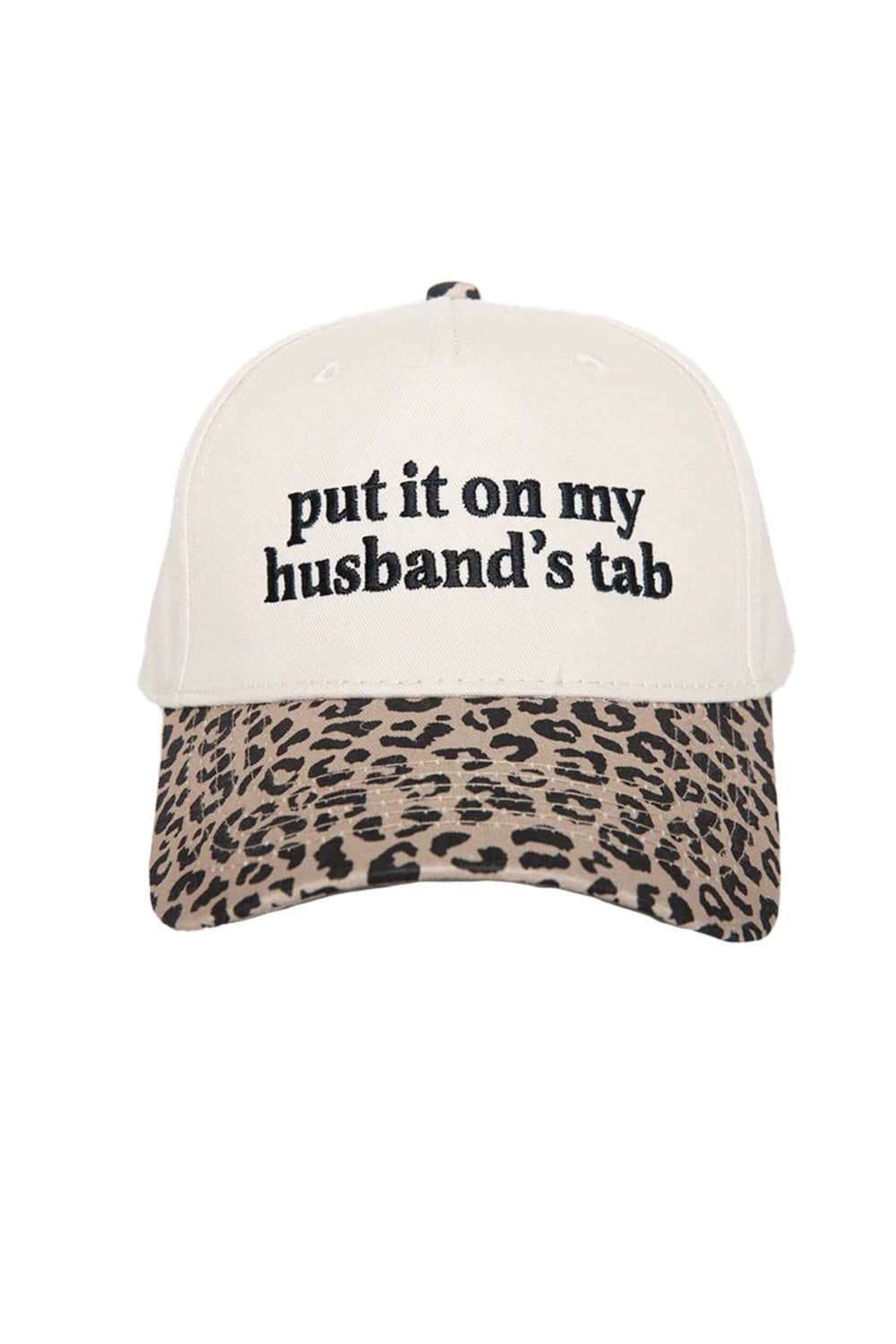 Put It On My Husband’s Tab Trucker Hat for Women in Leopard/Tan