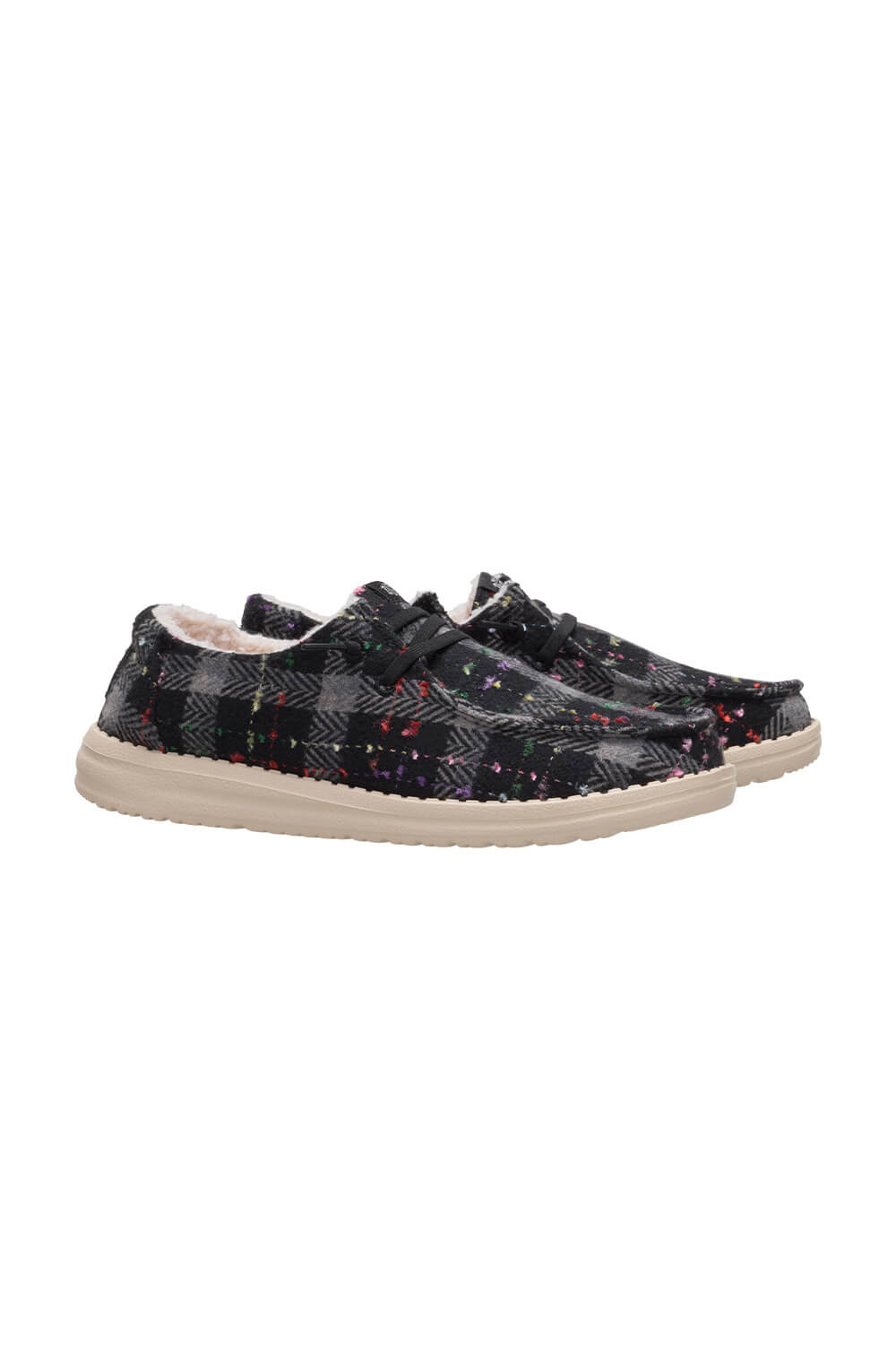 HEYDUDE Women’s Wendy Confetti Plaid Cozy Shoes in Black Multi