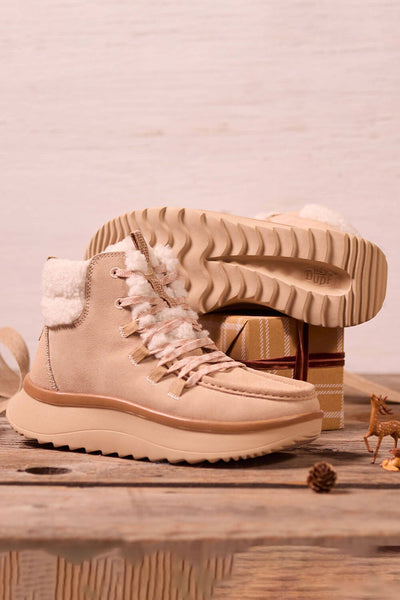 HEYDUDE Women’s Wendy Peak Apres Suede Cozy Stitch in Tan