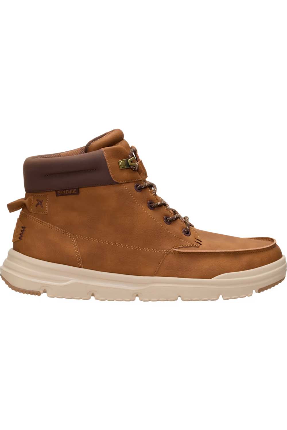 Right shoe profile view of a HEYDUDE Men’s Bradley II Classic Boot featuring Argan Oil brown faux leather uppers, dark brown padded ankle collar, lace-up front, and a chunky off-white traction outsole facing right.