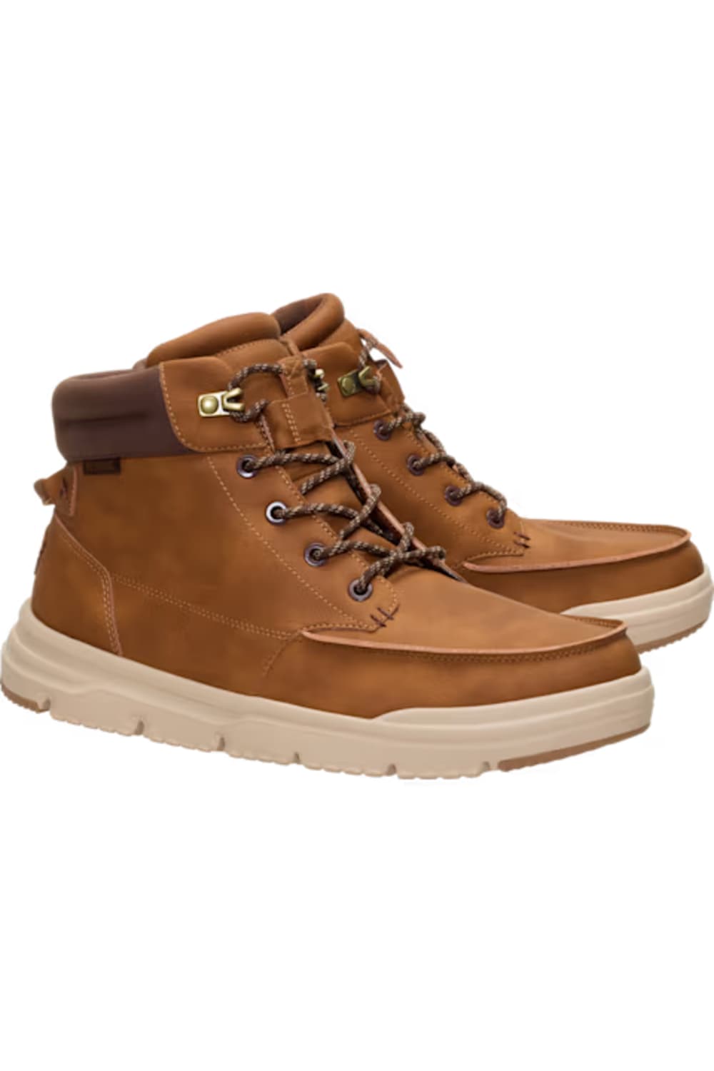 Three-quarter profile view of HEYDUDE Men’s Bradley II Classic Boots in Argan Oil brown faux leather with a padded ankle collar, lace-up front, and off-white lug sole.