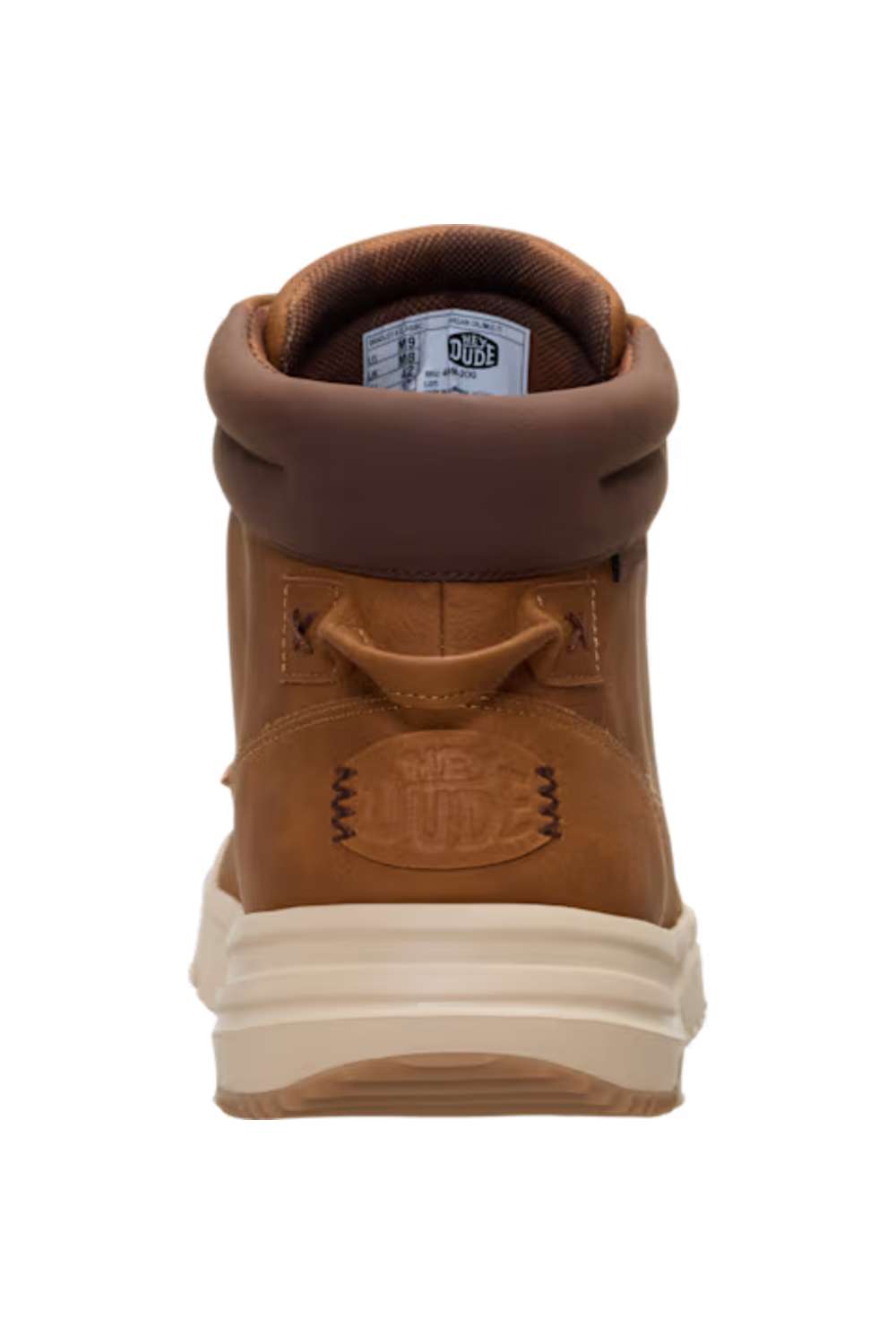 Direct back view of a HEYDUDE Men’s Bradley II Classic Boot in Argan Oil brown, highlighting the padded dark brown ankle collar, debossed heel branding, and chunky off-white rubber midsole.