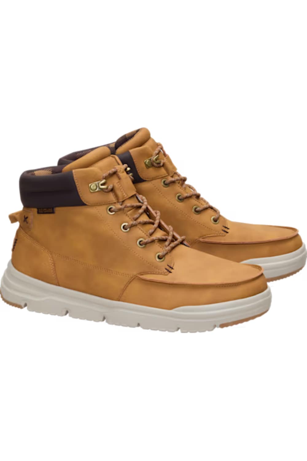 A pair of tan high-top lace-up boots with dark navy collar lining and thick white soles, shown against a plain white background.