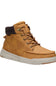 A tan suede high-top lace-up boot with a white sole and a dark navy collar, shown from a side profile on a white background.
