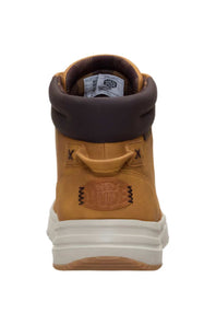 A single mid-top work boot shown from the back, featuring a tan suede upper, a dark brown collar, a white midsole, and a brown outsole.