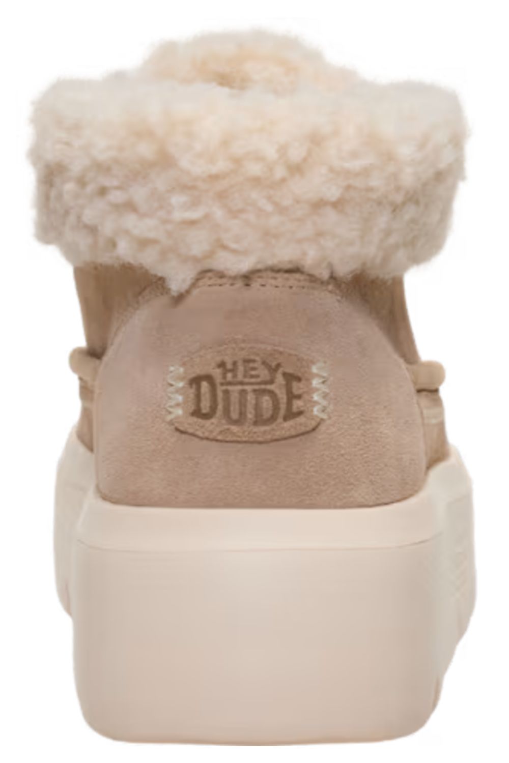 A beige suede platform sneaker with a thick cream shearling collar and a cream platform sole, featuring a 'HEY DUDE' logo patch on the heel.