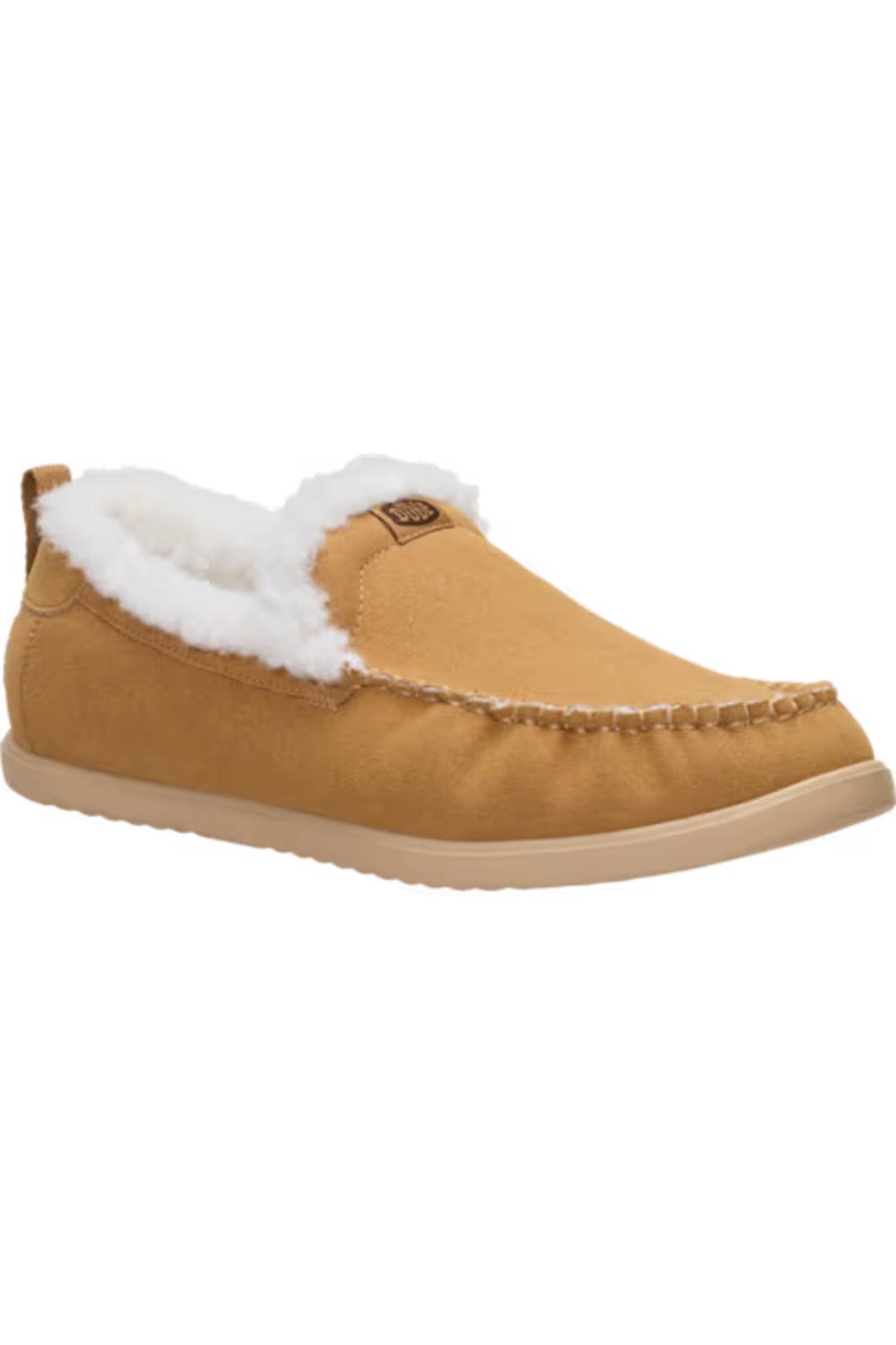 A single tan suede slip-on moccasin-style slipper with white faux-fur lining and a light tan sole, shown on a plain white background.